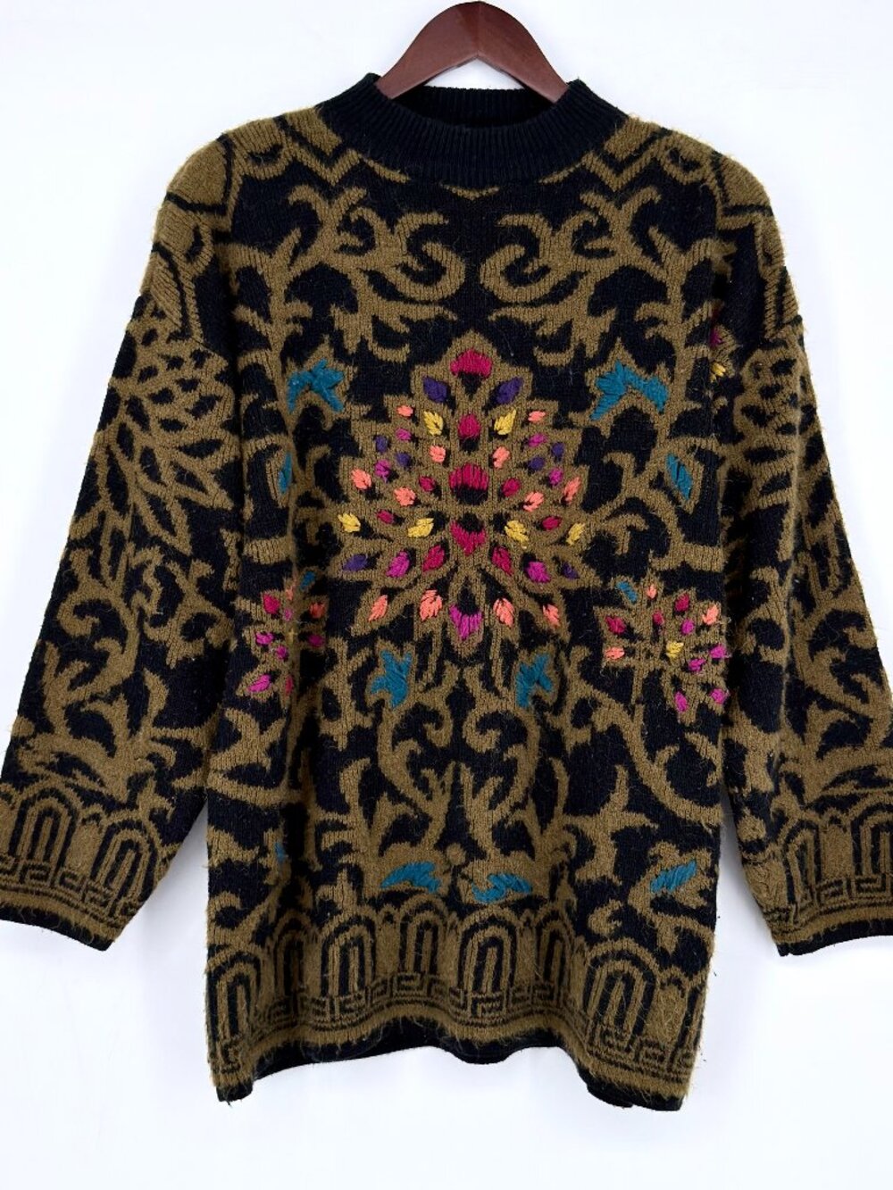 Vintage 80s Kitty Hawk Tapestry Knit Sweater Large Abstract Colorful Crewel